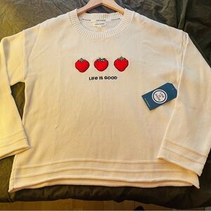 Life Is Good White Sweater with Red Strawberry Design